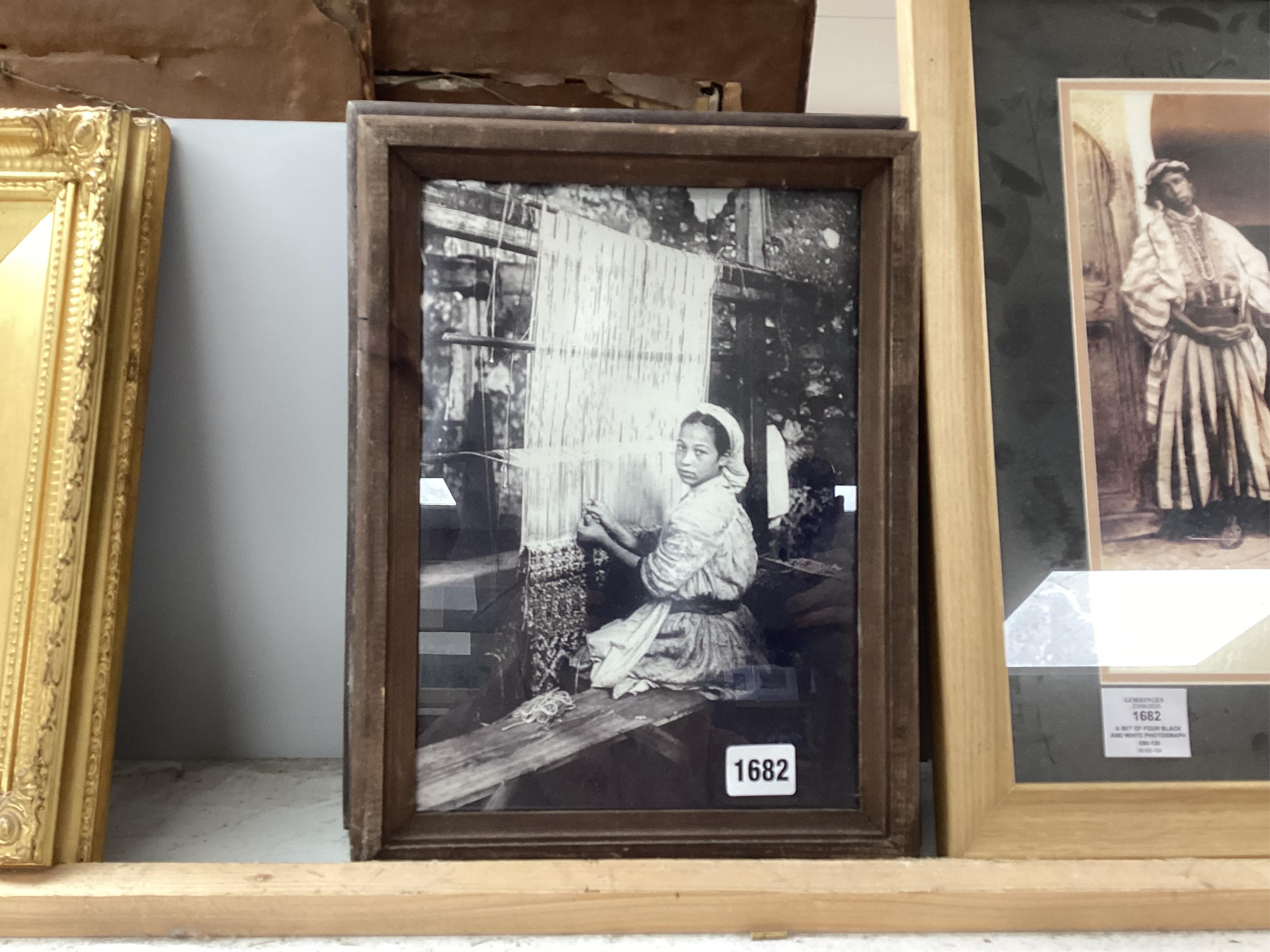 A set of four black and white photographs, Orientalist scenes to include pottery painting and a woman at a loom, 29 x 19cm, together with another